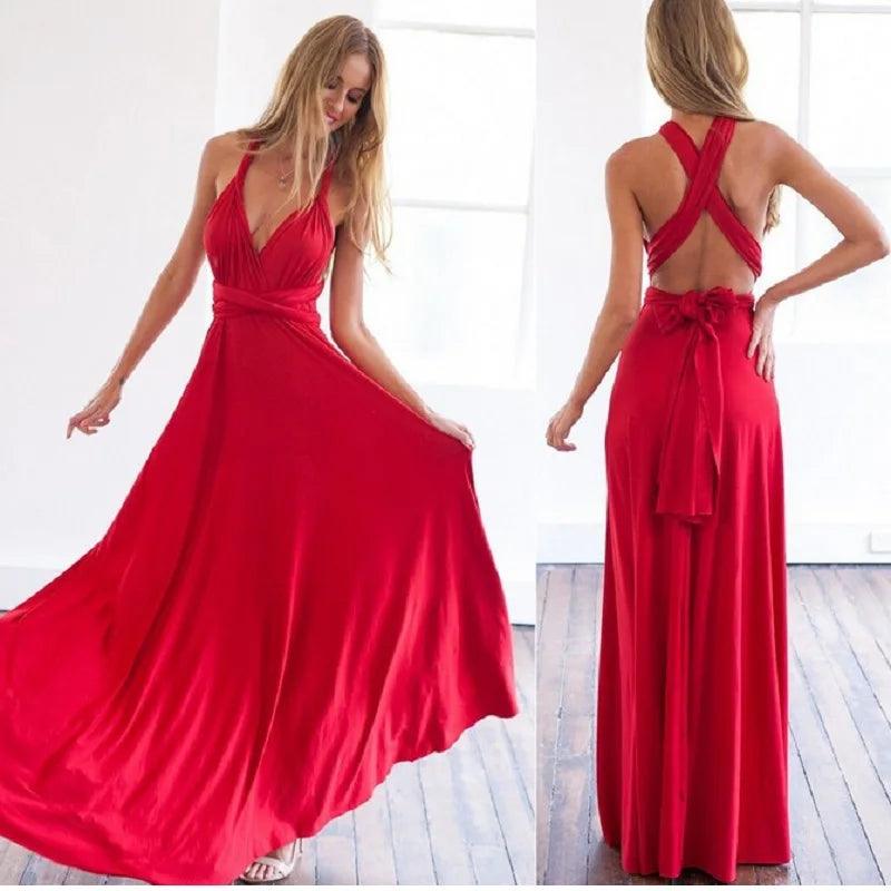 Sexy Damen Multiway Wickelkleid | Umwandelbares Boho Maxi Club Kleid | Rotes Bandage Lang Kleid | Party Brautjungfern Infinity Kleid 2025