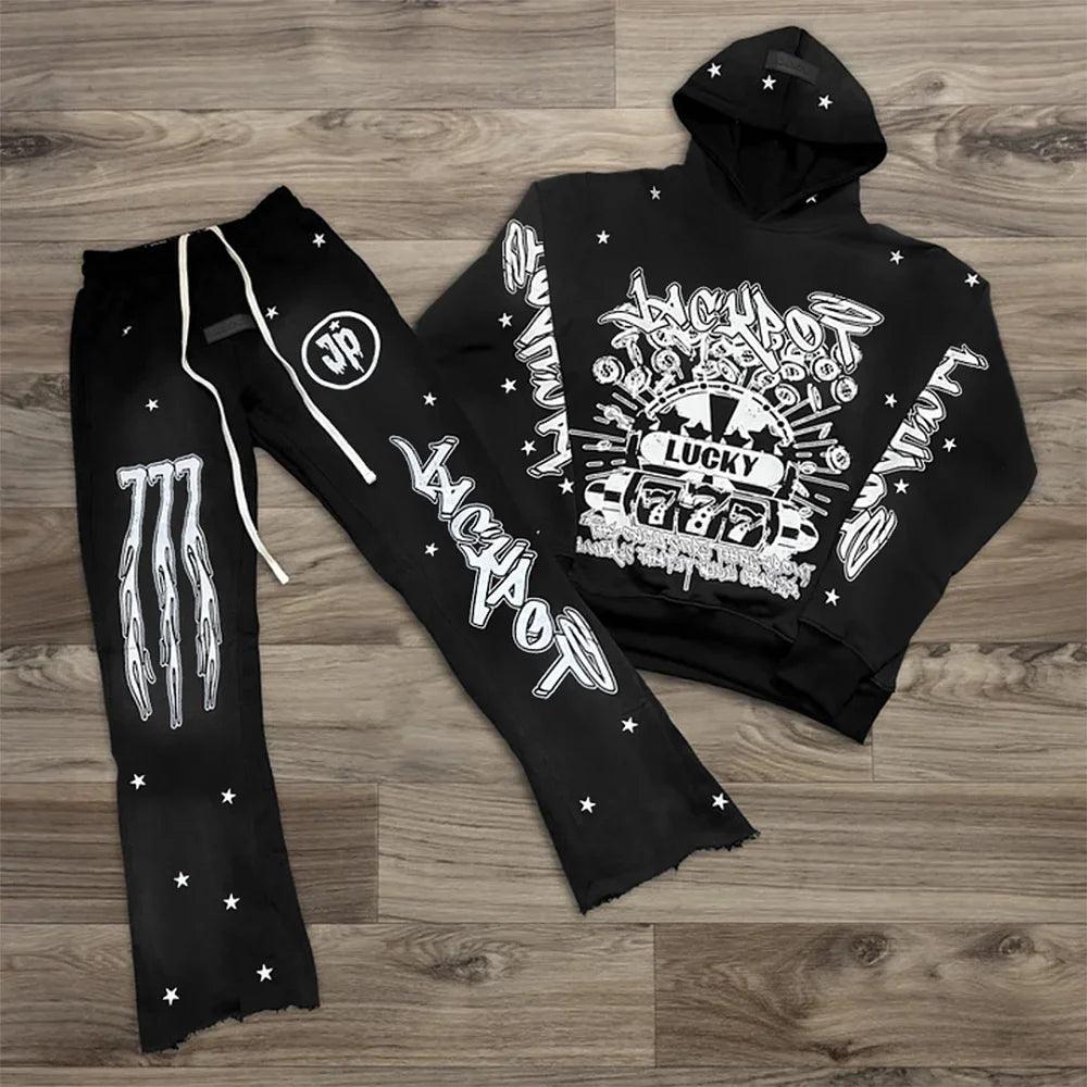 Herren Herbst Winter Hoodie Anzug Zweiteiliges 3D Gedrucktes Sportbekleidung Set mit Glockenhose Y2k Streetwear Herrenbekleidung