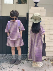 Sommer Kinder Kleidung Set: Gestreiftes T-Shirt & Shorts + Mädchen Langes Kleid