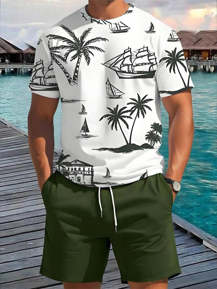 Sommer 2-Teile Casual Herren Set – Hawaiianischer Print T-Shirt und Shorts für den perfekten Sommerlook!