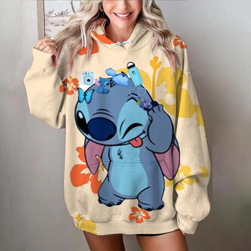 MINISO Damen Disney Pullover | Stitch Print Sweatshirt | Süße Cartoon Jacke & Kapuzenpullover | Herbst/Winter Oversize Bekleidung