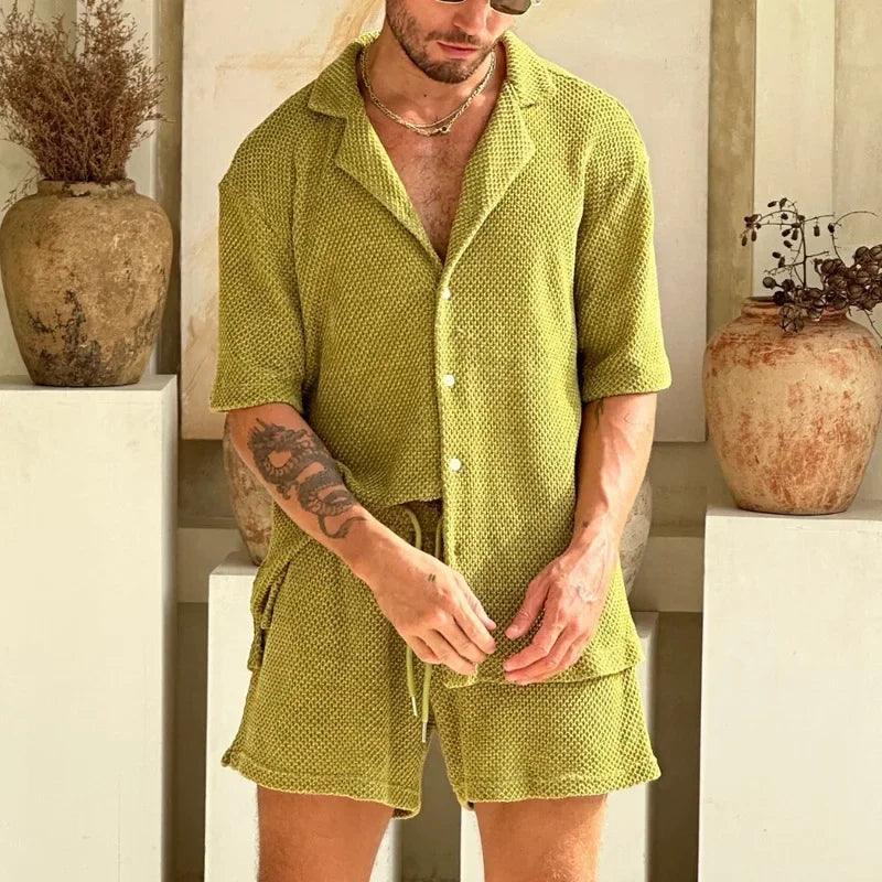 Beach Style Atmungsaktives Strick Herren Set – Perfekte Sommermode mit Kurzarm Strickshirt und Shorts für Männer!